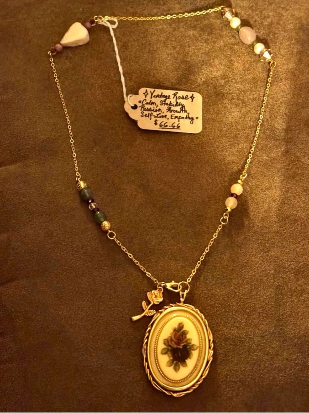 Vintage Rose Pendulum Necklace - Gold Tone with Moss Agate and Garnet
